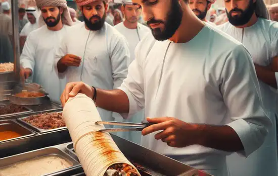 An image of an Omani vendor preparing shawarma for customers.