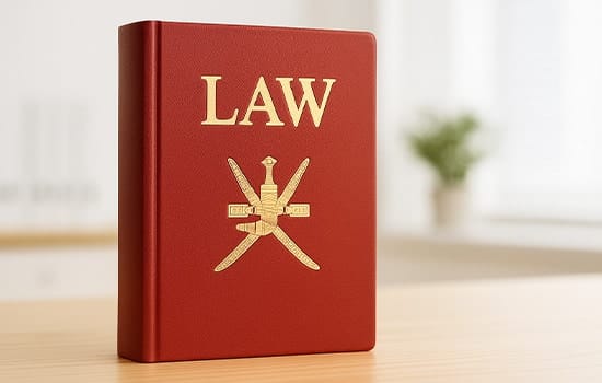 Law book with Omani national emblem representing the legal foundation of VAT in Oman