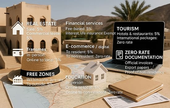 Visual representation of VAT applications across Oman’s economic sectors: real estate, tourism, digital trade, education, and free zones