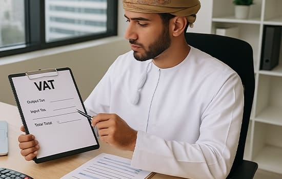 Omani professional reviewing VAT return calculations on a clipboard