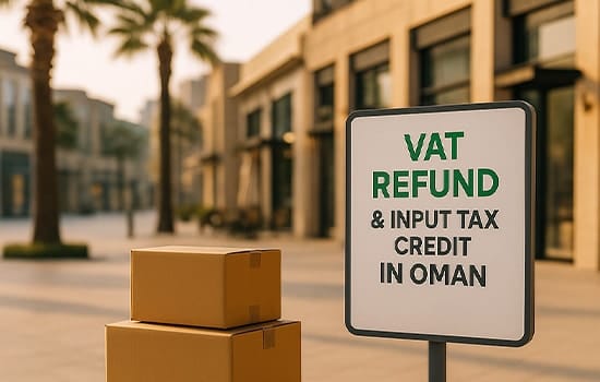 Street sign showing "VAT Refund & Input Tax Credit in Oman" with parcels, symbolizing tax recovery for businesses and tourists