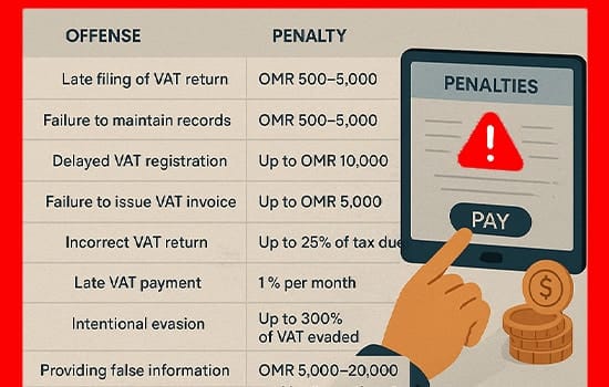Infographic showing VAT-related offenses and penalties in Oman, including late filing, incorrect returns, and intentional evasion