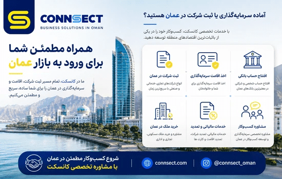 بنر معرفی خدمات Connsect برای ثبت شرکت، اخذ اقامت سرمایه‌گذاری، افتتاح حساب بانکی، خرید ملک و مشاوره کسب‌وکار در عمان.
